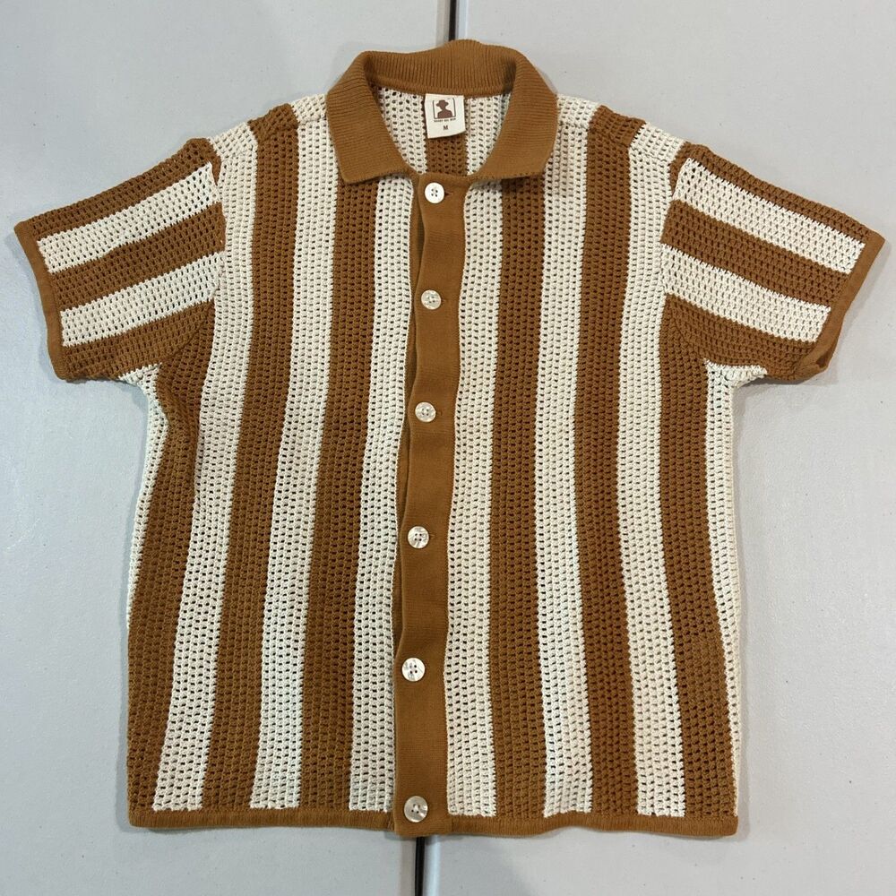 Dandy Del Mar Shirt Mens Medium Brown Dominica Crochet Knit Button Down Striped